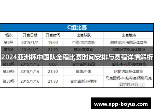 2024亚洲杯中国队全程比赛时间安排与赛程详情解析